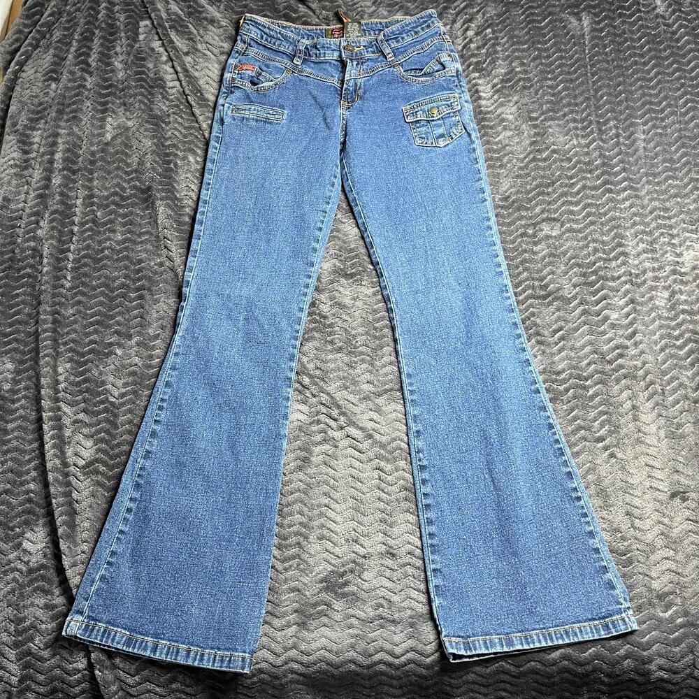 Y2K Gazoz Women’s Flare Jeans Blue Stretch Denim 7/8 X Stitch Pockets Retro